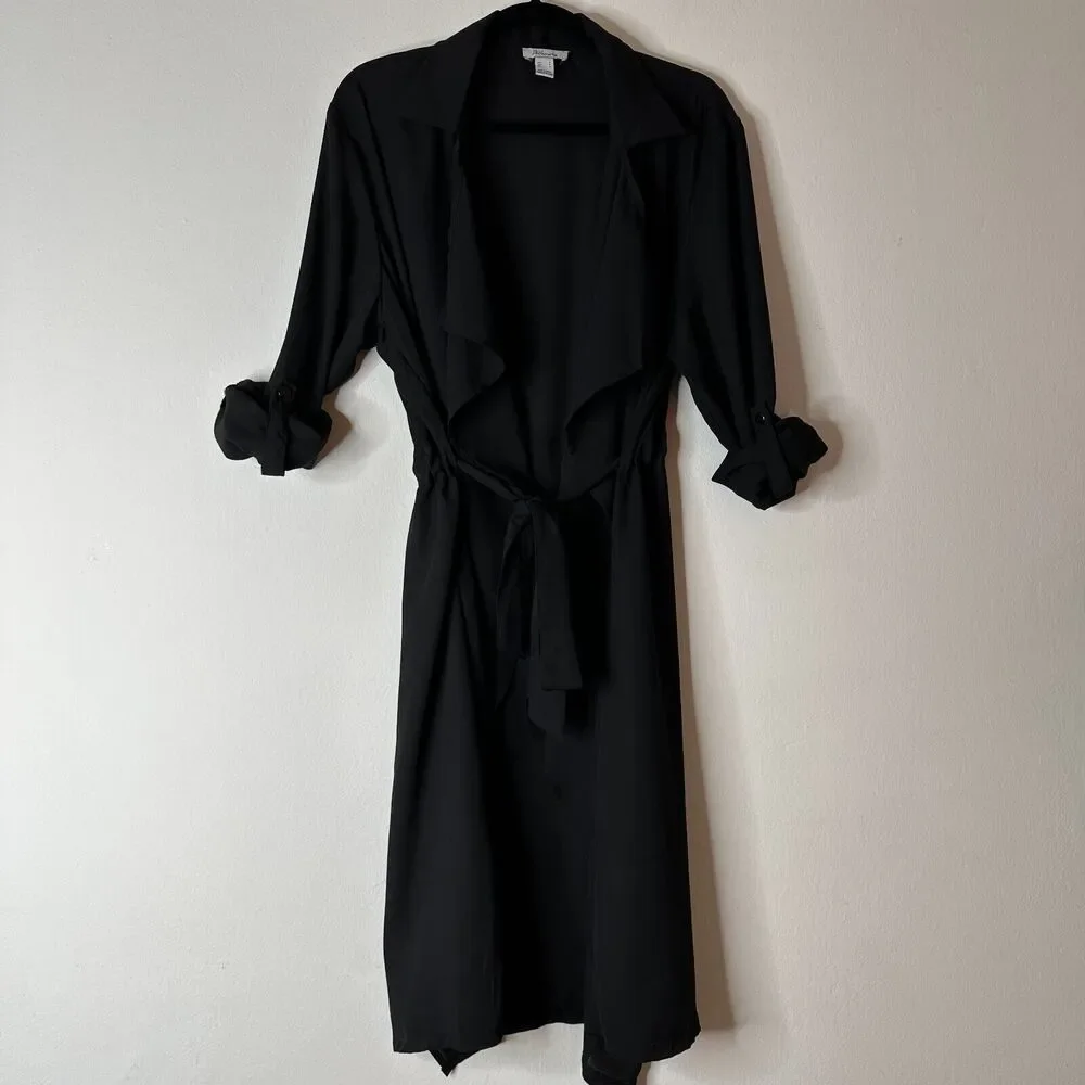 ReVamped Black Flowy Roll Tab Sleeve Tie Waist Waterfall Neck Wrap Dress Small - Picture 14 of 14